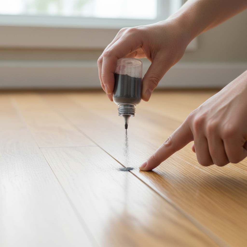 Hands applying powdered graphite into a hardwood floor seam to fix a squeak.