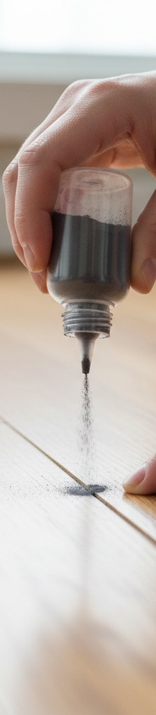 Hands applying powdered graphite into a hardwood floor seam to fix a squeak.