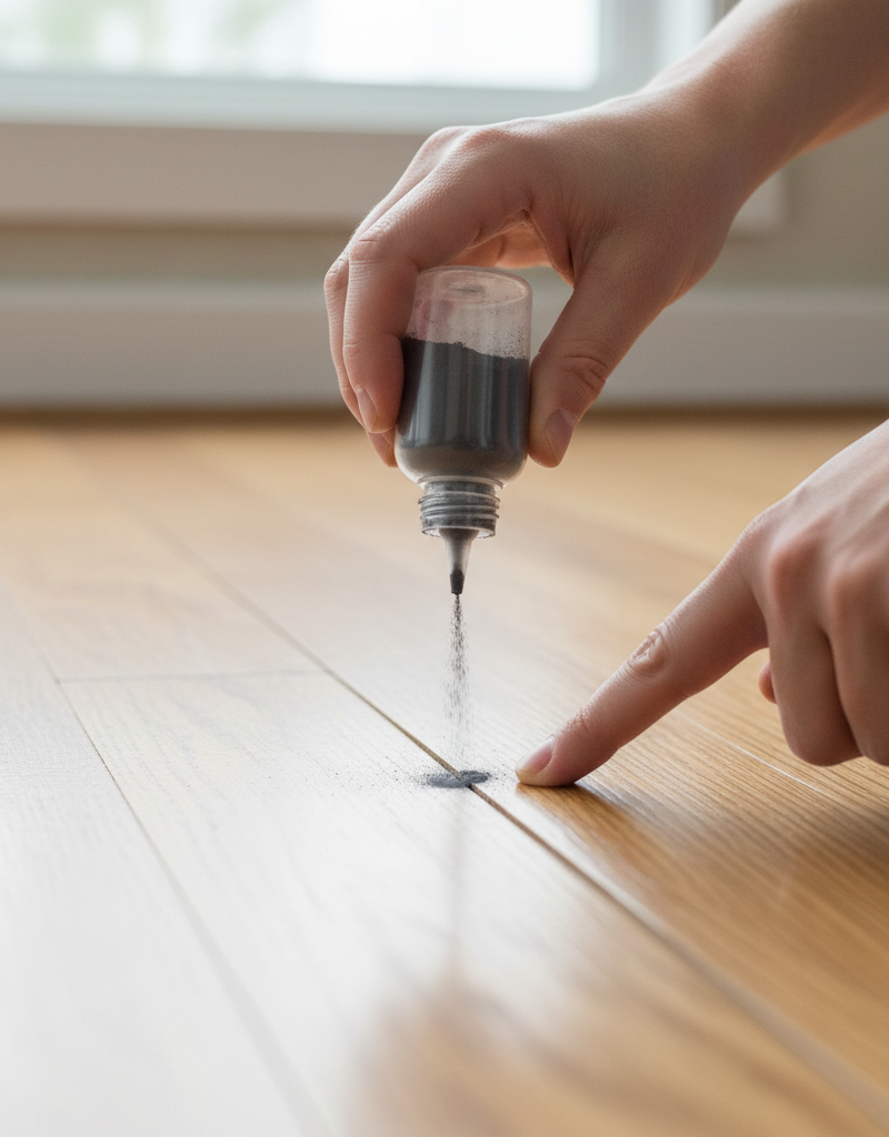 Hands applying powdered graphite into a hardwood floor seam to fix a squeak.