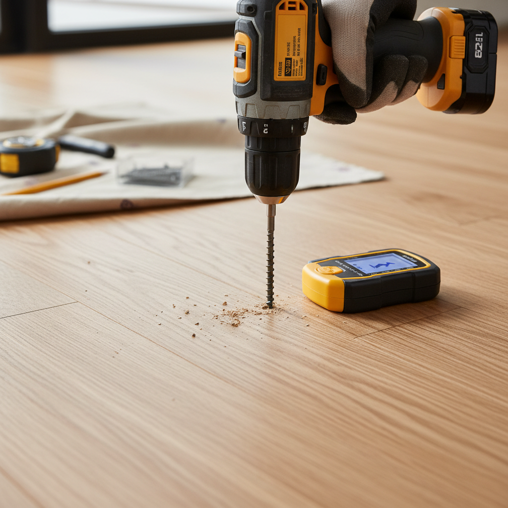 Homeowner using drill to fix squeaky hardwood floor with a specialized screw, close-up