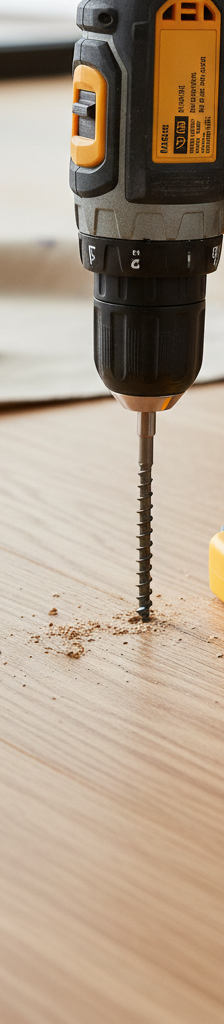 Homeowner using drill to fix squeaky hardwood floor with a specialized screw, close-up