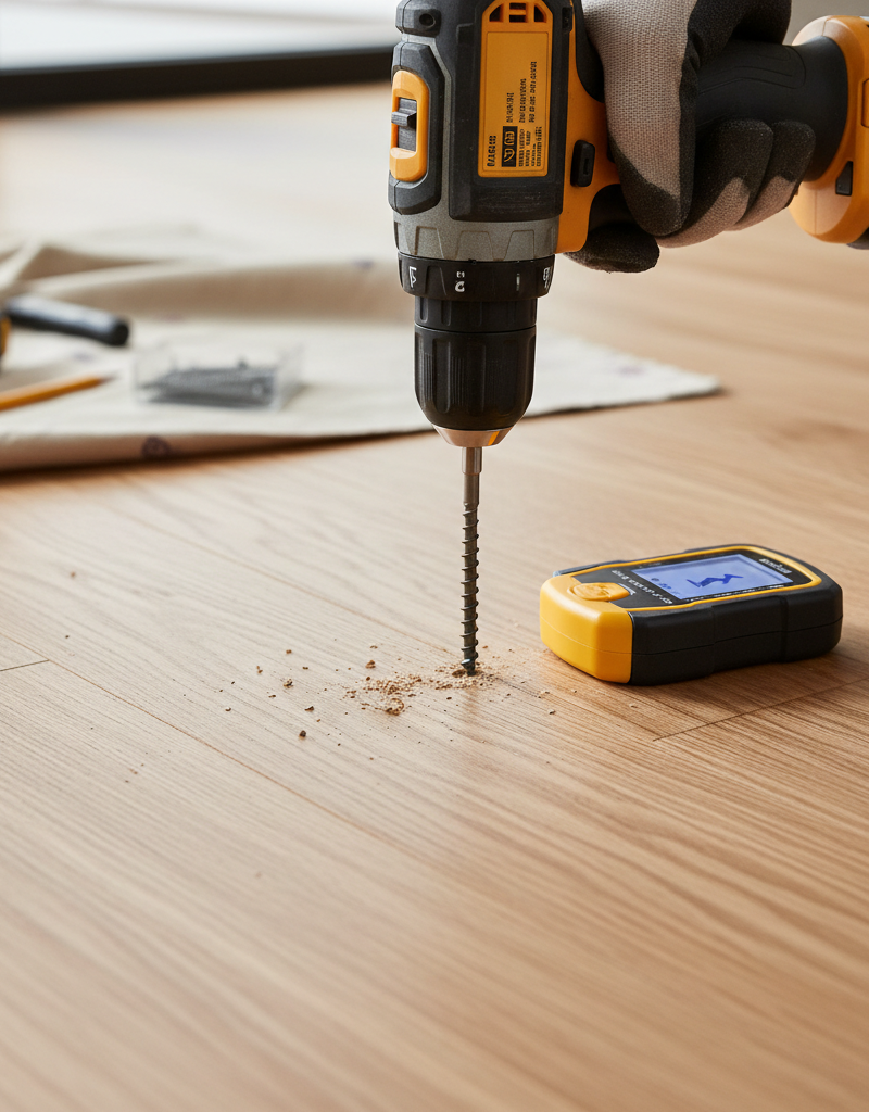 Homeowner using drill to fix squeaky hardwood floor with a specialized screw, close-up