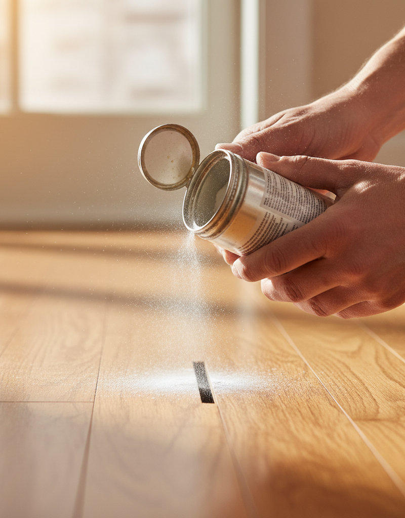 Homeowner applying talcum powder into a hardwood floor gap to fix a squeak.