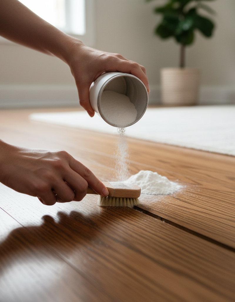 Homeowner applying powder to a hardwood floor to fix a squeak without removing boards
