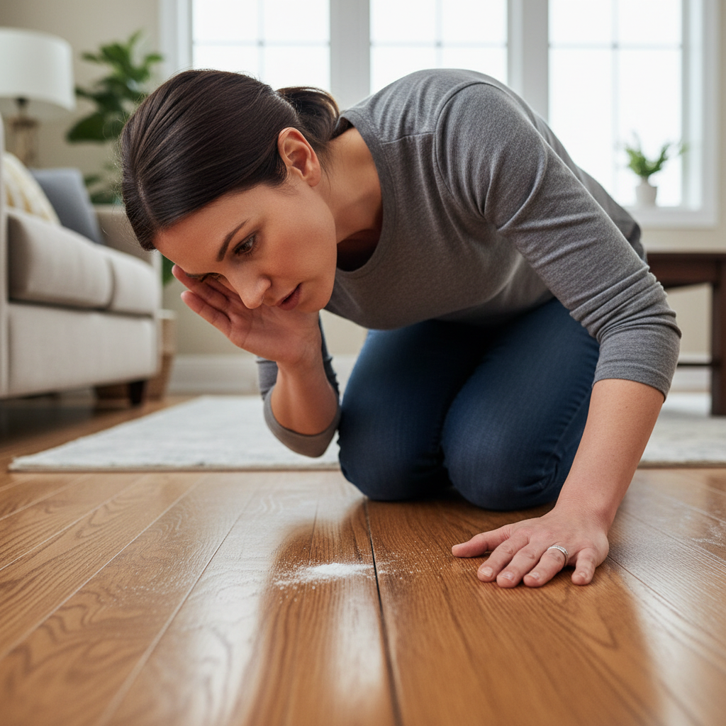 Homeowner uses talcum powder to fix a squeaky hardwood floor without removing boards.