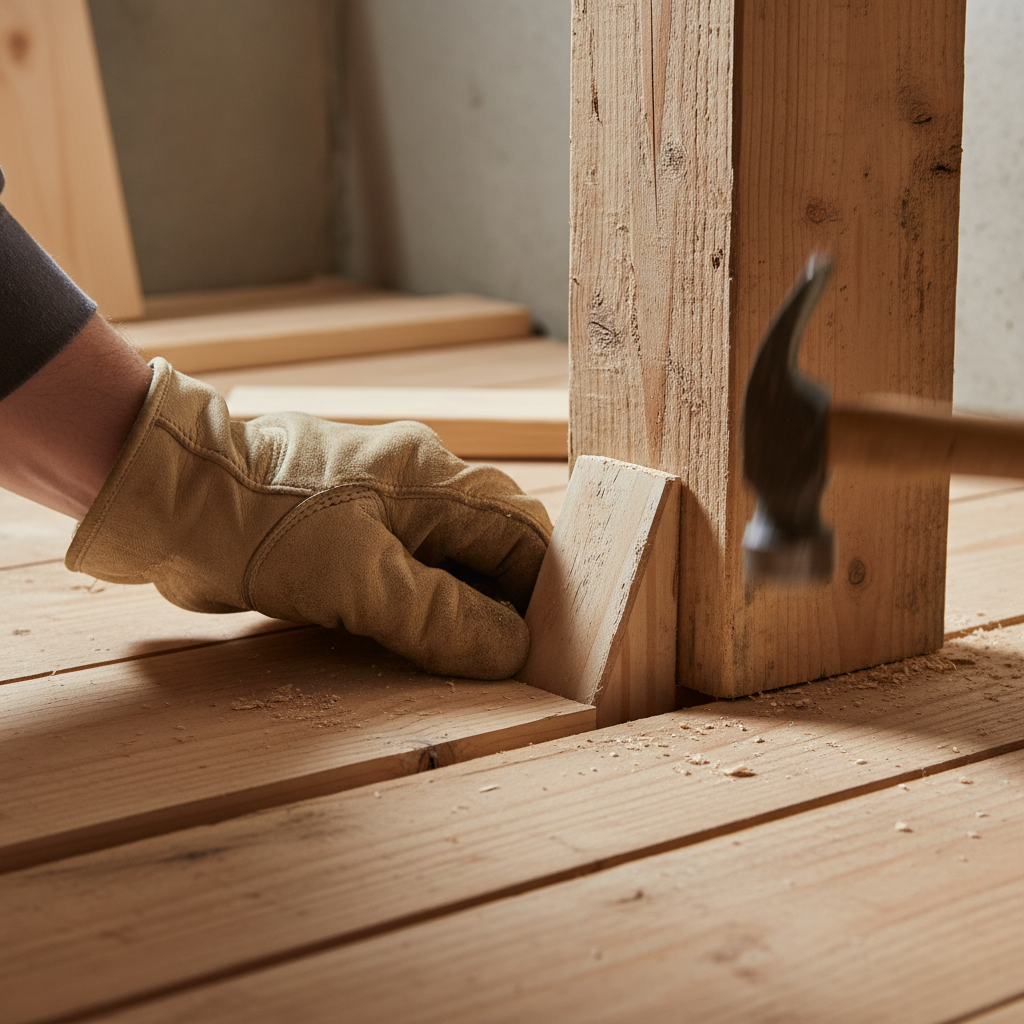 Homeowner tapping a wooden shim between a subfloor and joist to fix a squeaky floor.