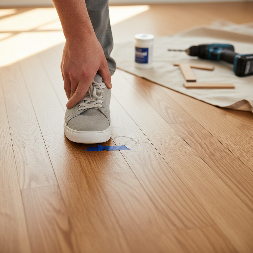 Homeowner stepping on a hardwood floor, listening carefully to pinpoint the source of a squeak with a pencil mark on the floor.