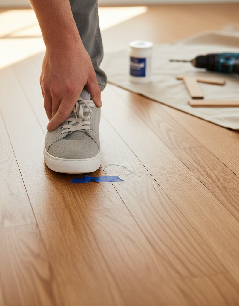 Homeowner stepping on a hardwood floor, listening carefully to pinpoint the source of a squeak with a pencil mark on the floor.