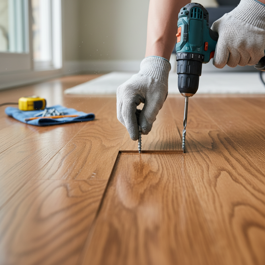 Homeowner preparing to fix a squeaky hardwood floor with a specialized screw and drill, focusing on the floorboards.