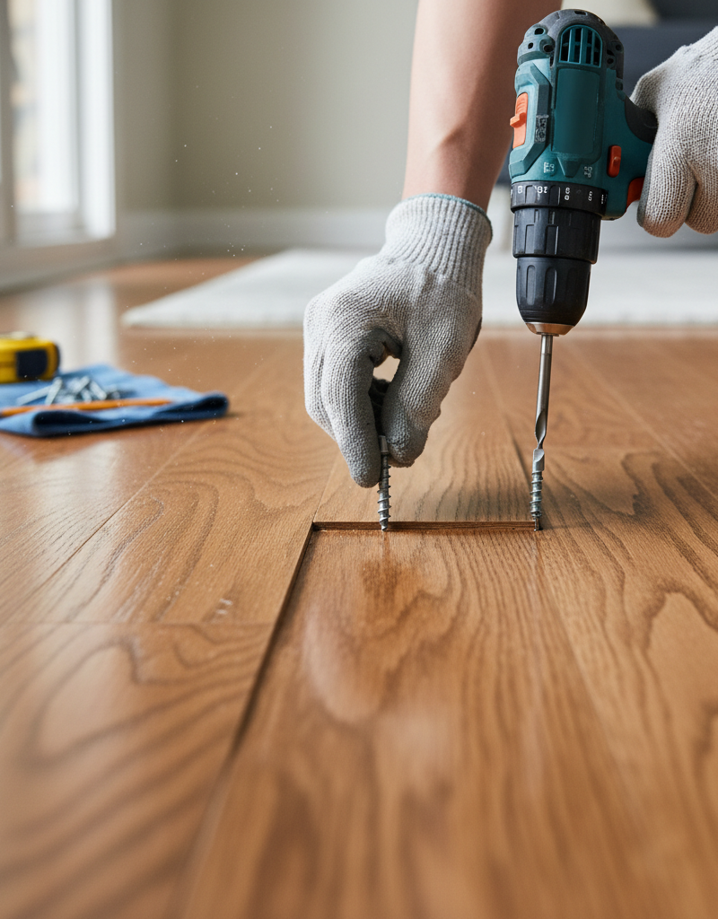 Homeowner preparing to fix a squeaky hardwood floor with a specialized screw and drill, focusing on the floorboards.