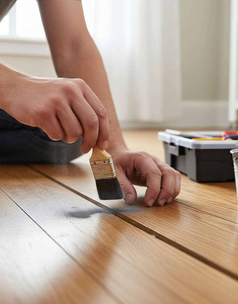 Homeowner applying powdered graphite to a squeaky hardwood floor seam to stop the squeak without removing boards.
