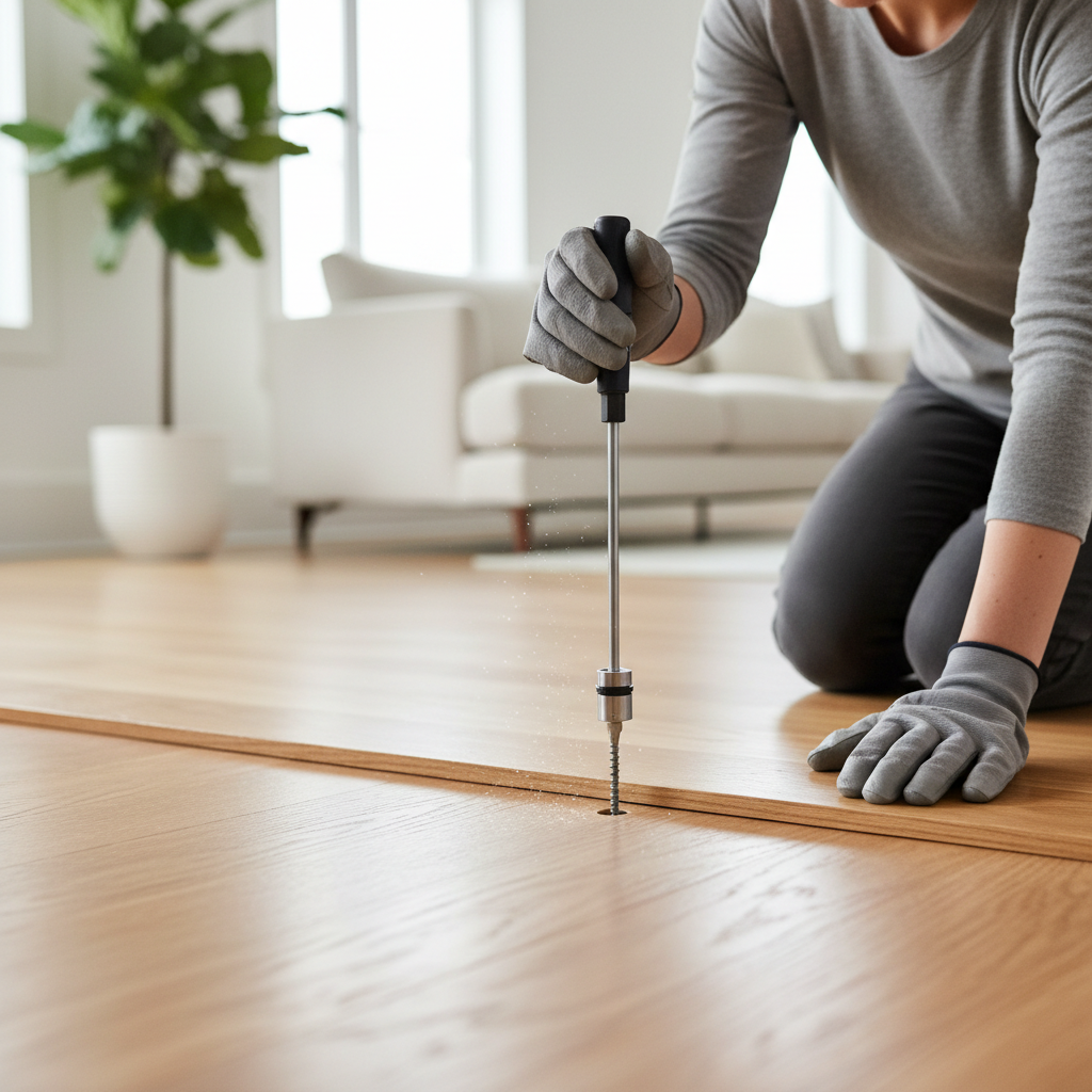 Homeowner repairing a squeaky hardwood floor with a specialized squeak eliminator screw kit, showing the screw snapping off.