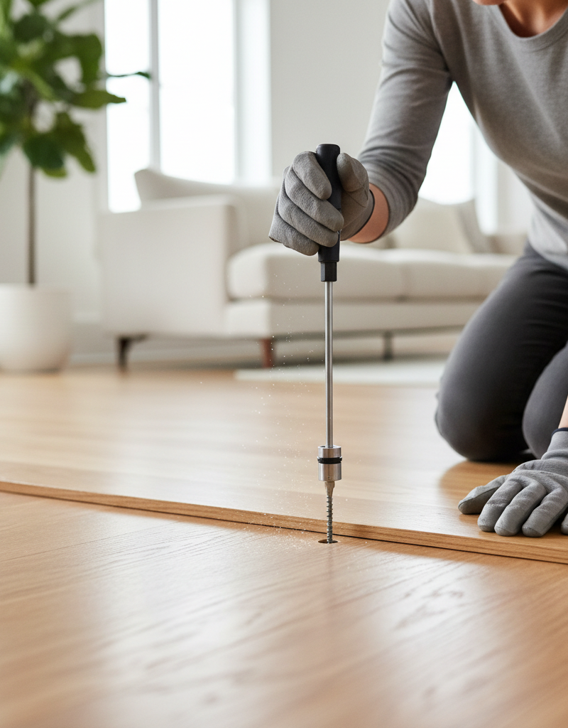 Homeowner repairing a squeaky hardwood floor with a specialized squeak eliminator screw kit, showing the screw snapping off.