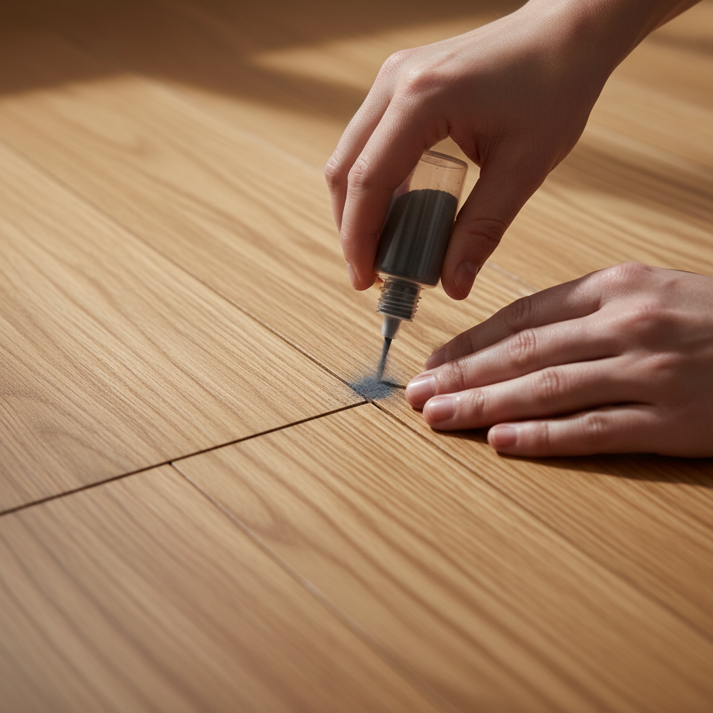 Hands applying powdered lubricant into a hardwood floor seam to fix a squeak.
