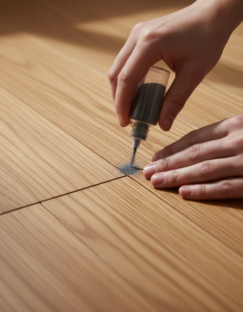 Hands applying powdered lubricant into a hardwood floor seam to fix a squeak.