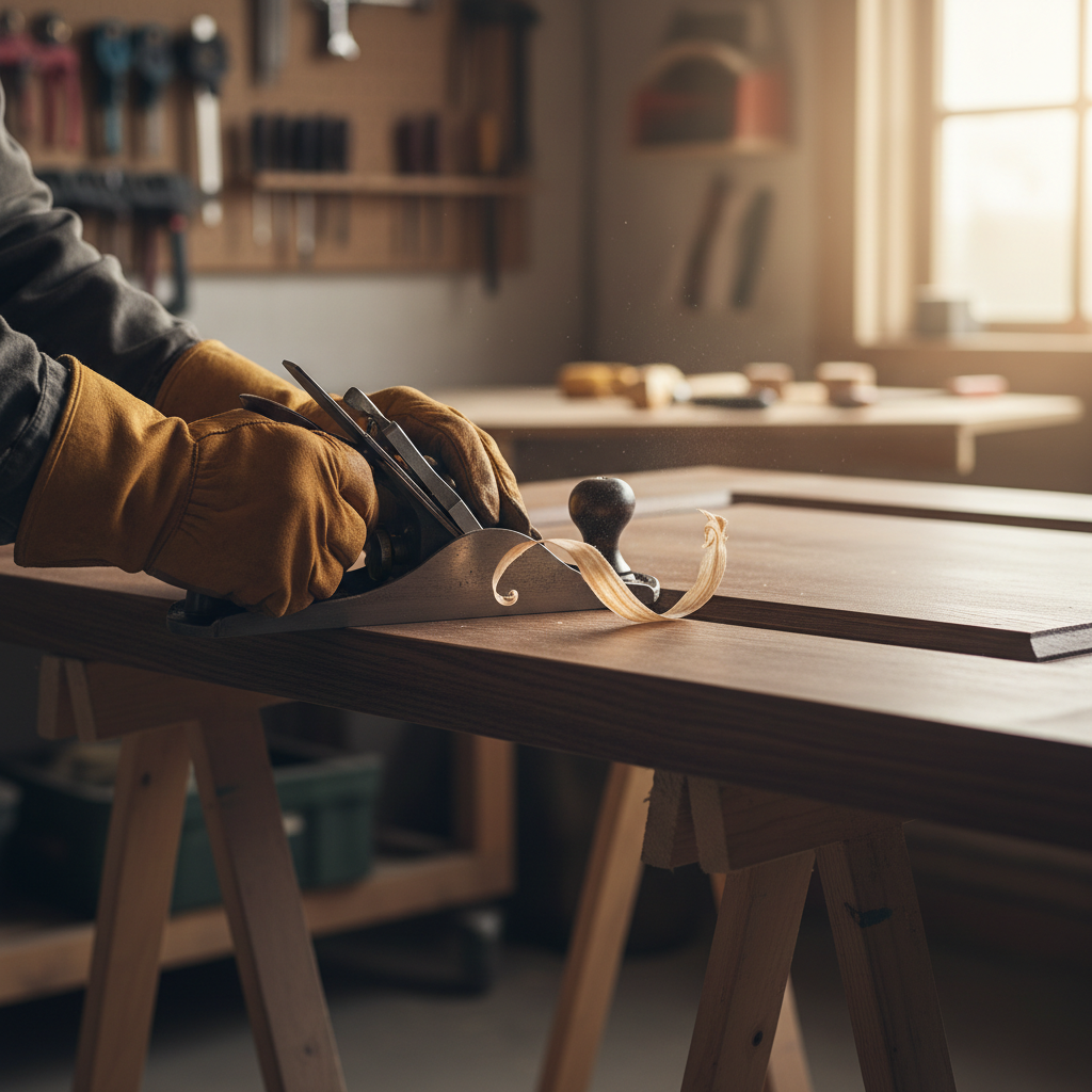 A close-up of a carpenter using a hand plane to carefully shave wood off a door edge to fix a sticking problem.