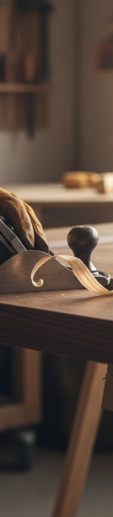 A close-up of a carpenter using a hand plane to carefully shave wood off a door edge to fix a sticking problem.