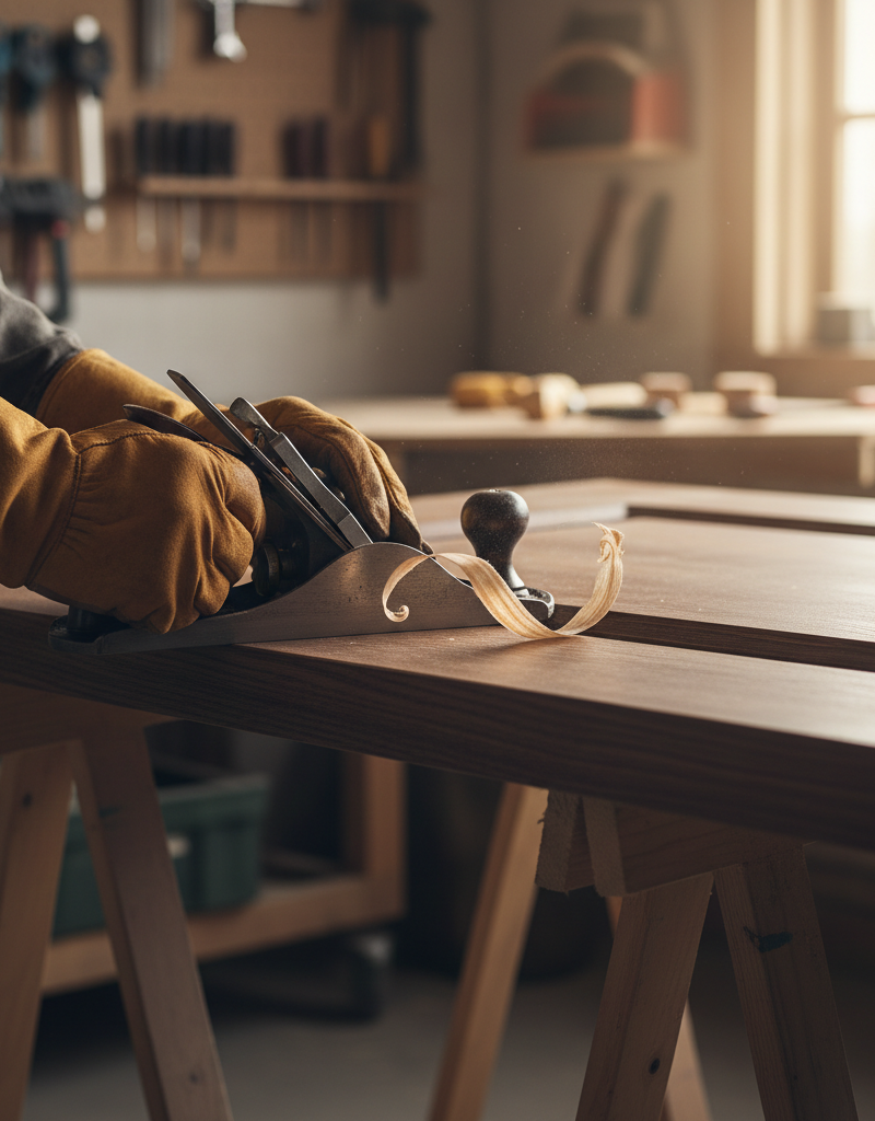 A close-up of a carpenter using a hand plane to carefully shave wood off a door edge to fix a sticking problem.