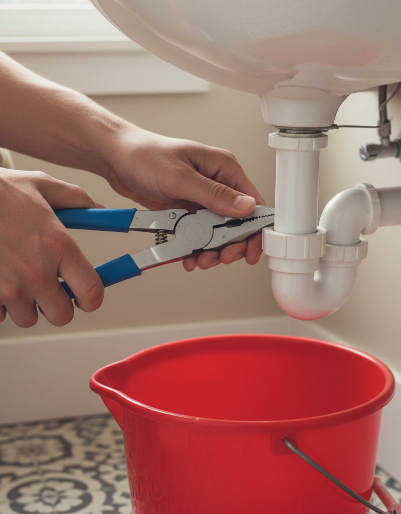 Homeowner loosening P-trap nut under a bathroom sink with slip-joint pliers to clear a smelly drain.