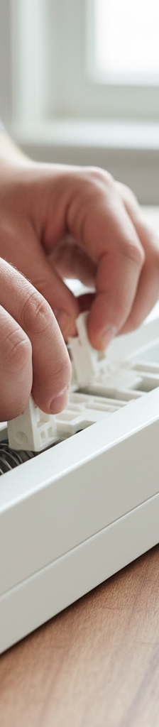 Hands inspecting a window balance shoe in a double-hung window frame.