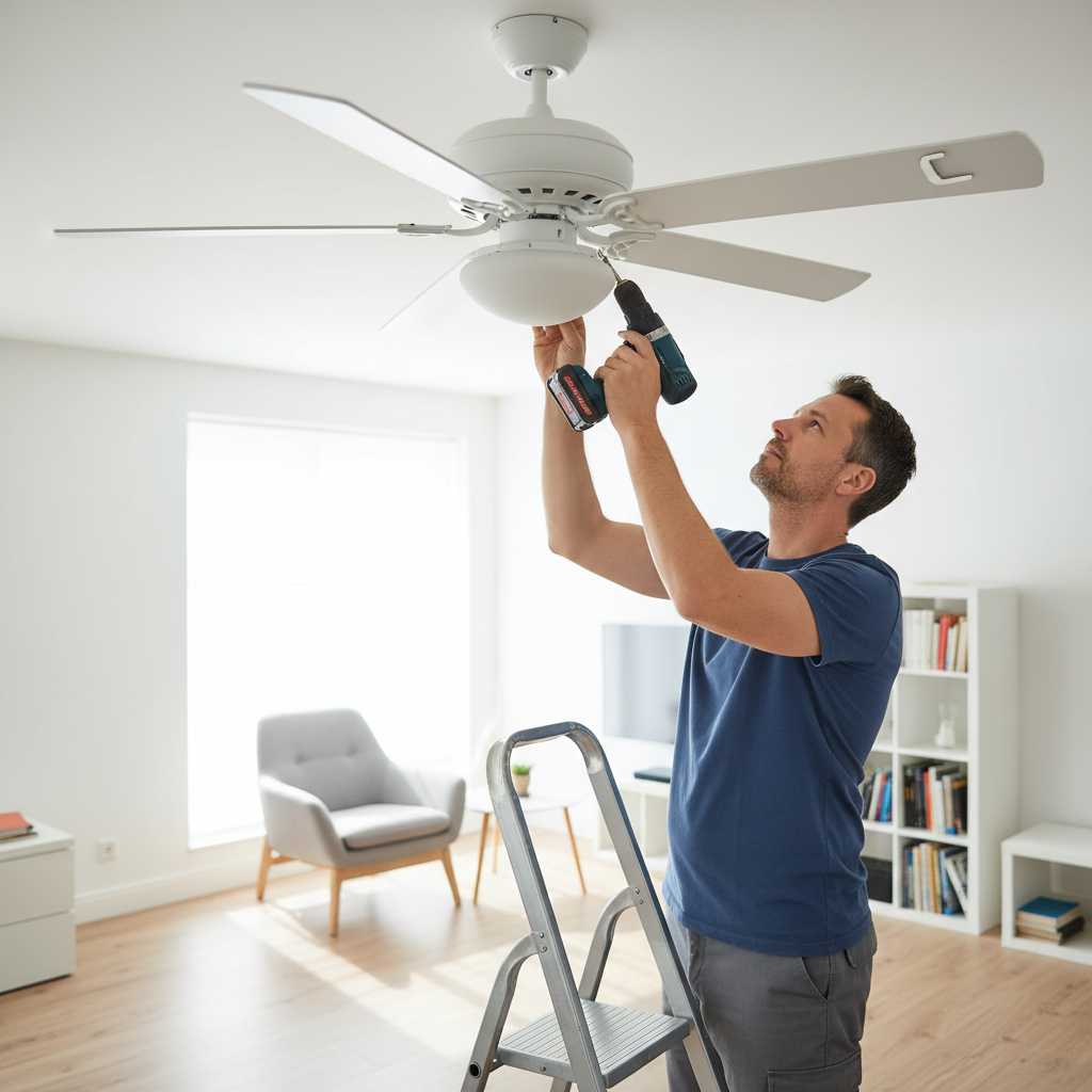 A person on a stepladder tightening a ceiling fan blade screw to fix a wobble.