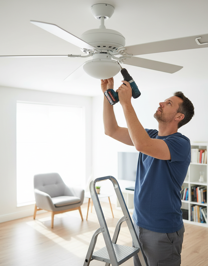 A person on a stepladder tightening a ceiling fan blade screw to fix a wobble.