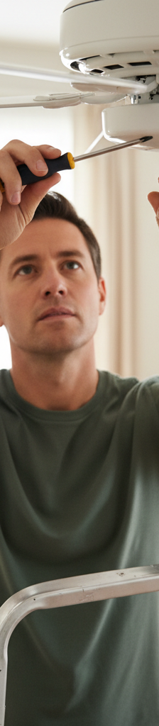 Homeowner tightening a screw on a ceiling fan blade to fix wobble