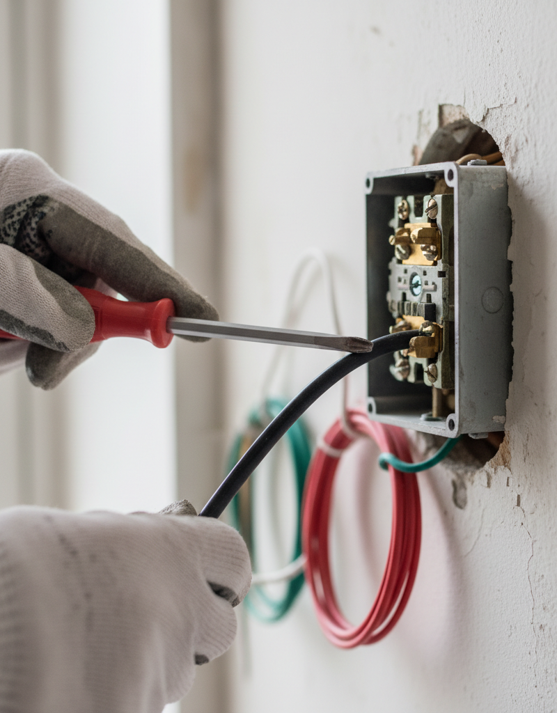 Contractor's hands disconnecting wires from a faulty light switch, showing safe electrical repair.