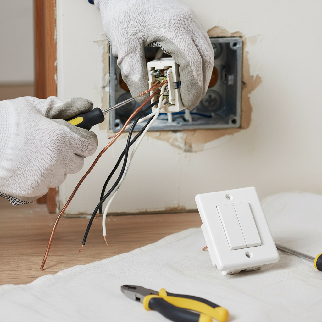 Homeowner repairing a light switch, disconnecting wires safely with a non-contact voltage tester nearby.