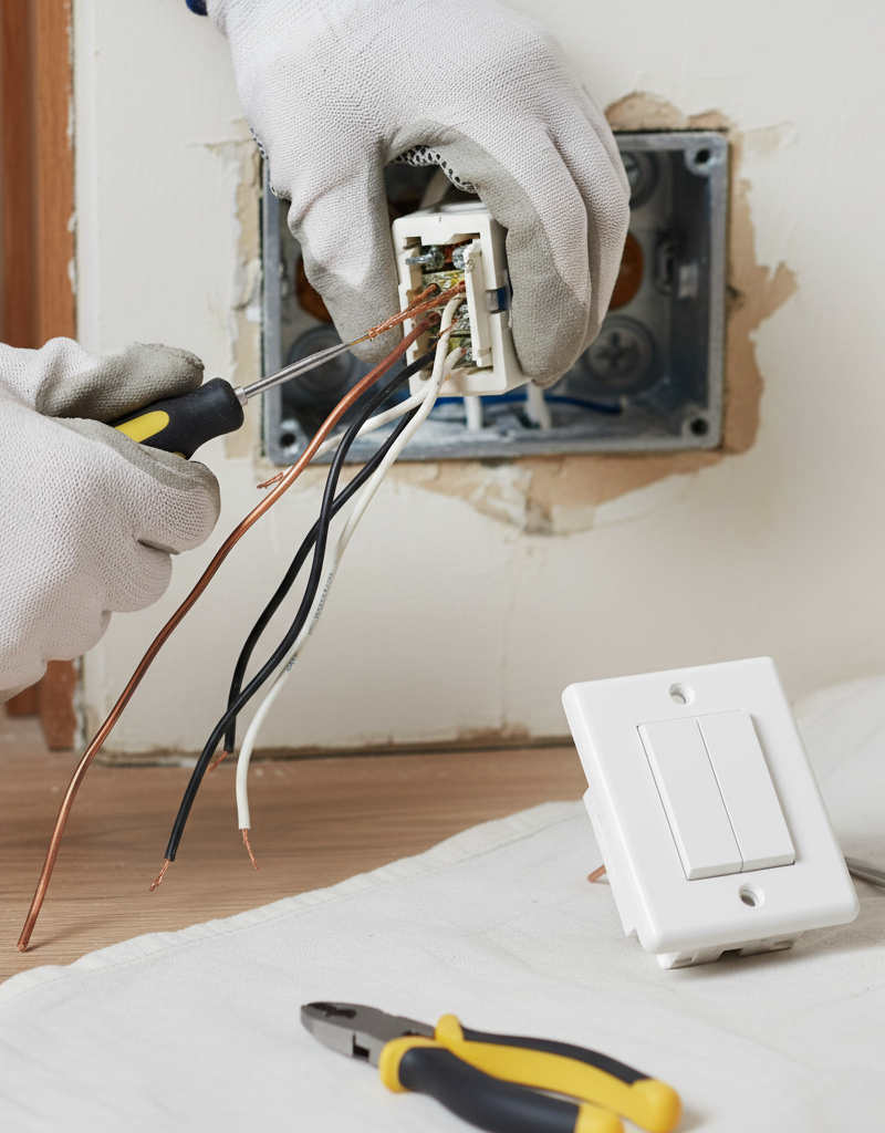 Homeowner repairing a light switch, disconnecting wires safely with a non-contact voltage tester nearby.