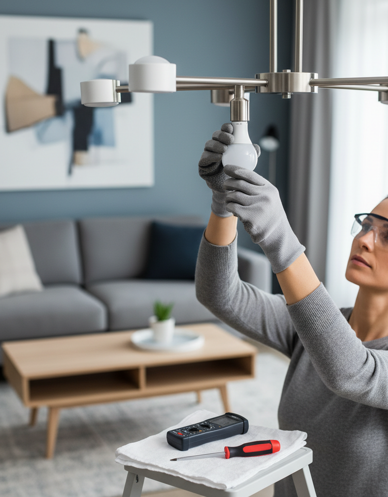 Homeowner troubleshooting flickering lights in one room by checking a light bulb in a ceiling fixture