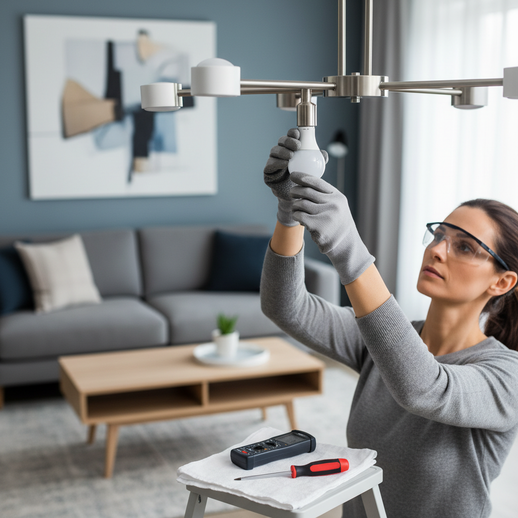 Homeowner troubleshooting flickering lights in one room by checking a light bulb in a ceiling fixture
