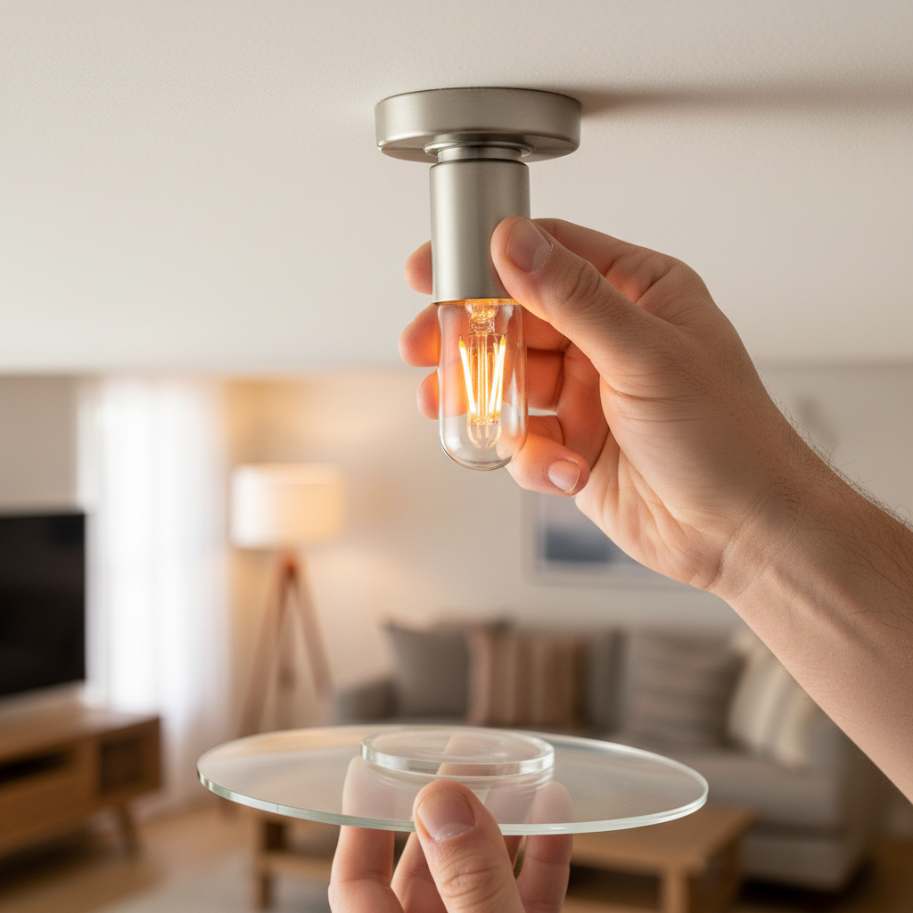 Hand tightening a flickering LED bulb into a ceiling light fixture in a living room