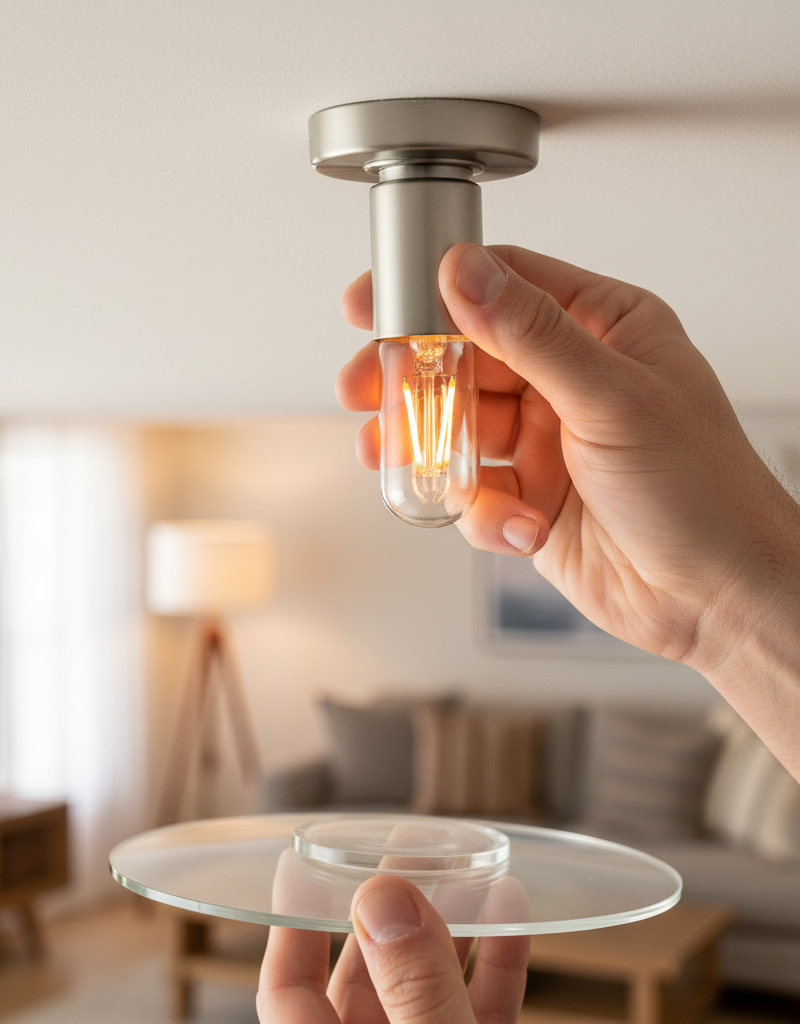Hand tightening a flickering LED bulb into a ceiling light fixture in a living room