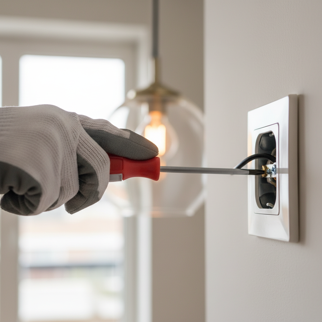 Homeowner tightening a loose wire connection in an electrical outlet, fixing flickering lights in a room.
