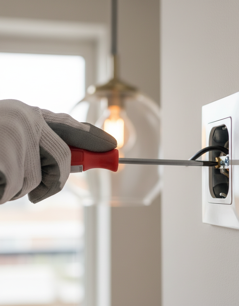 Homeowner tightening a loose wire connection in an electrical outlet, fixing flickering lights in a room.