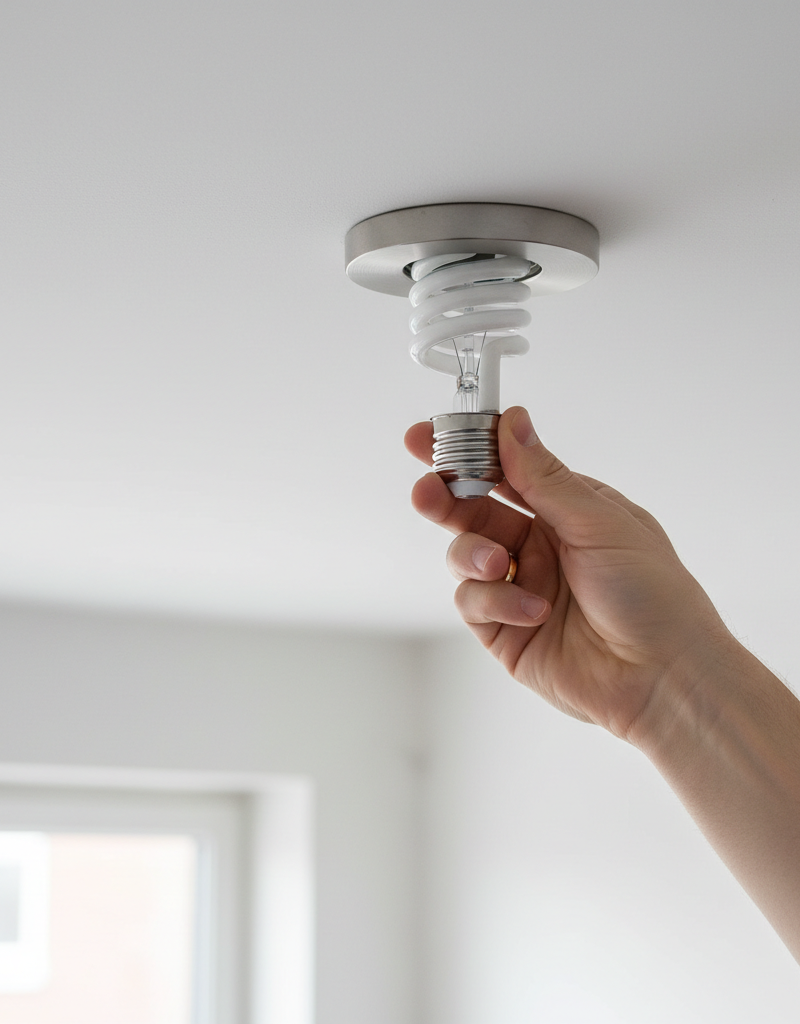 Hand tightening a light bulb into a ceiling fixture, illustrating a common fix for flickering lights in a single room.