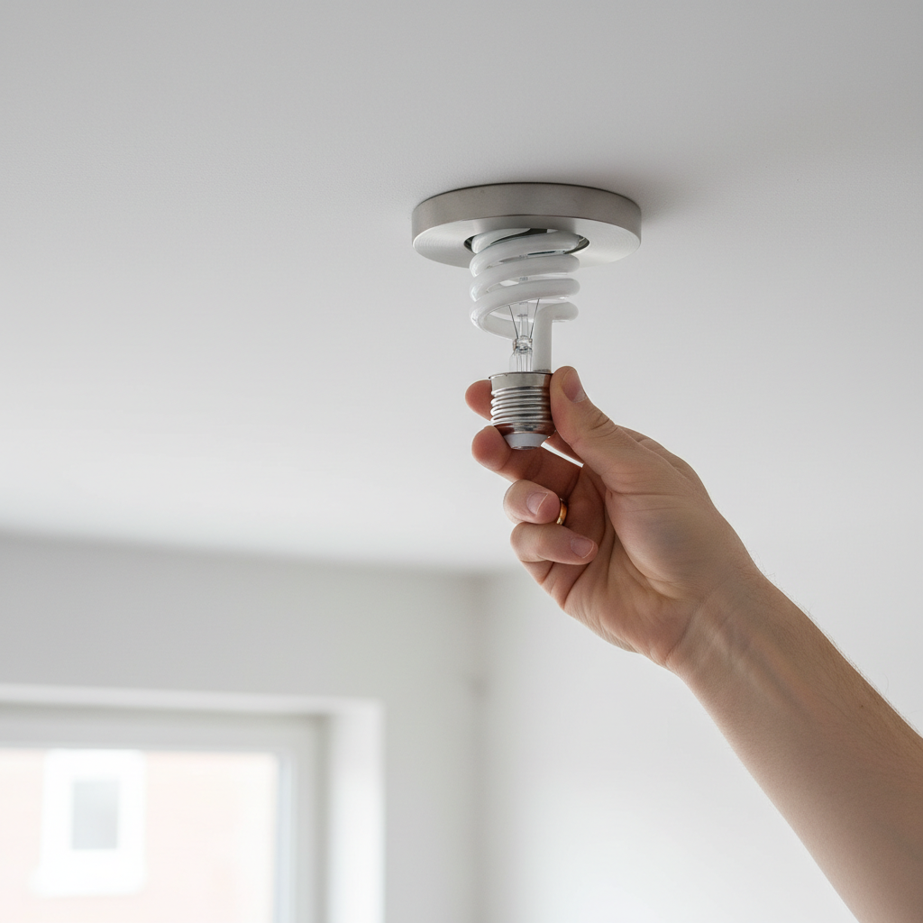 Hand tightening a light bulb into a ceiling fixture, illustrating a common fix for flickering lights in a single room.