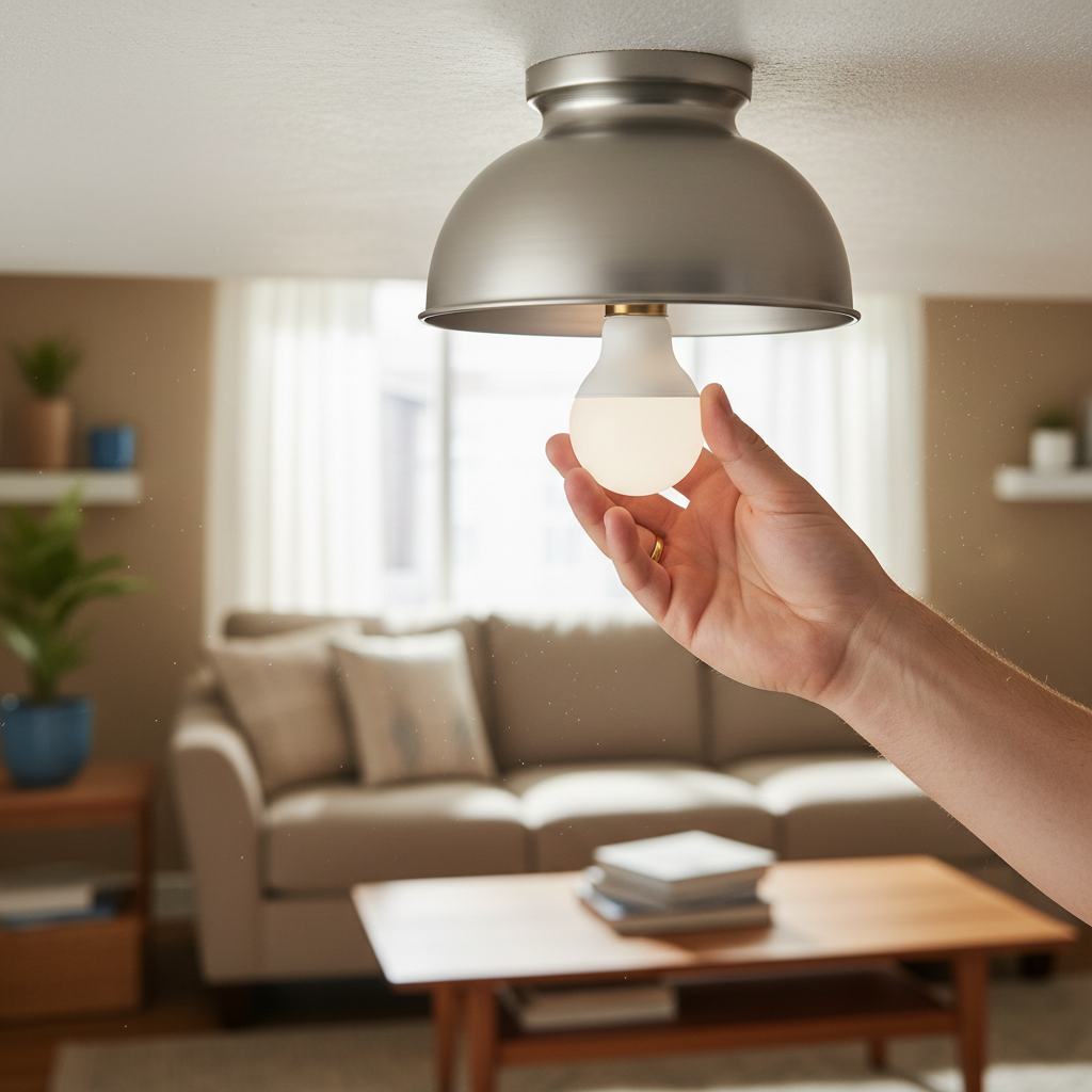 Homeowner tightening a light bulb in a ceiling fixture to fix flickering lights in one room.