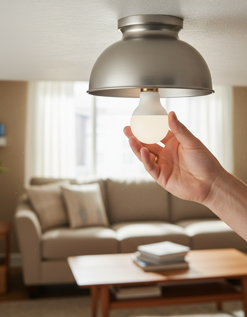 Homeowner tightening a light bulb in a ceiling fixture to fix flickering lights in one room.