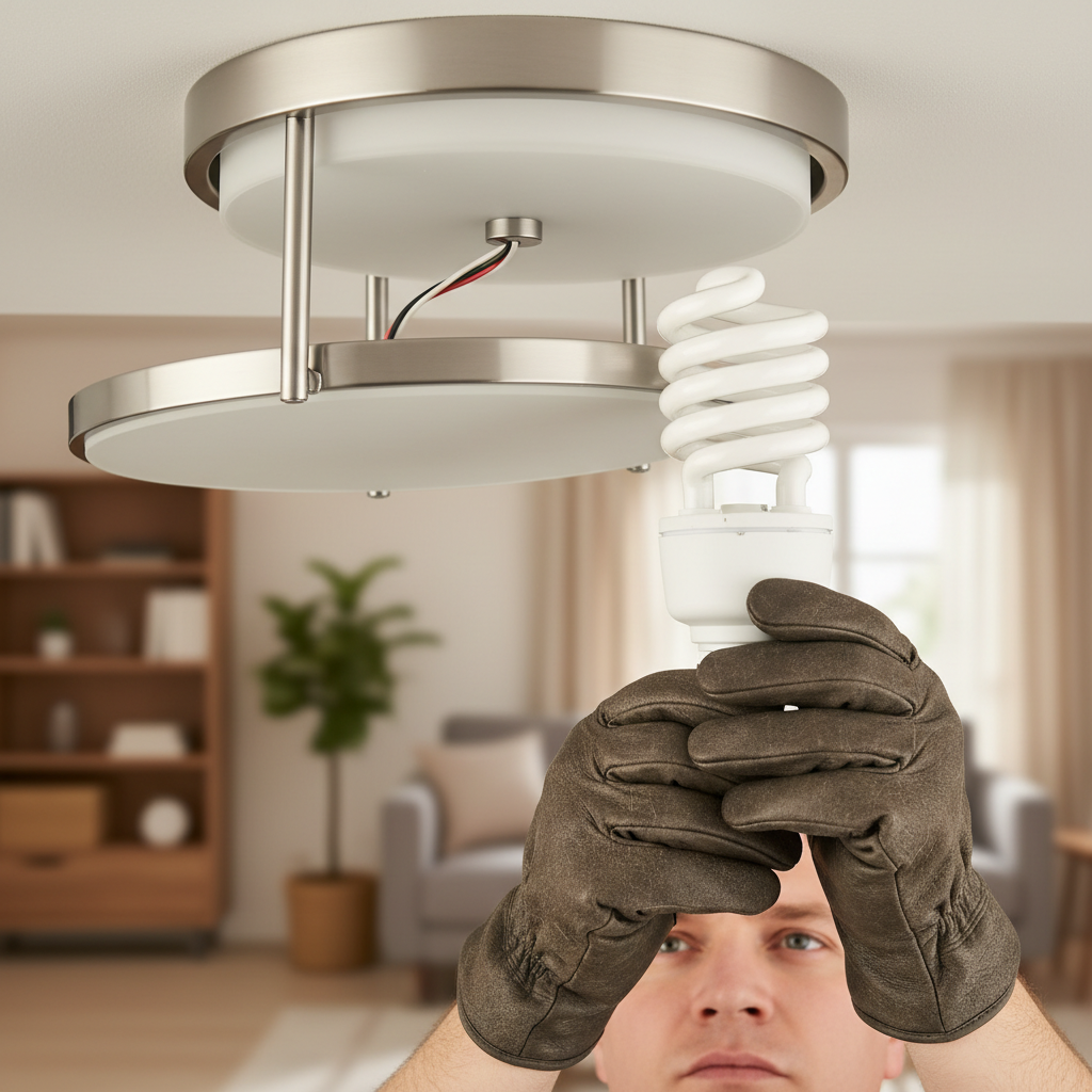 Homeowner troubleshooting flickering light, tightening a light bulb in a ceiling fixture.