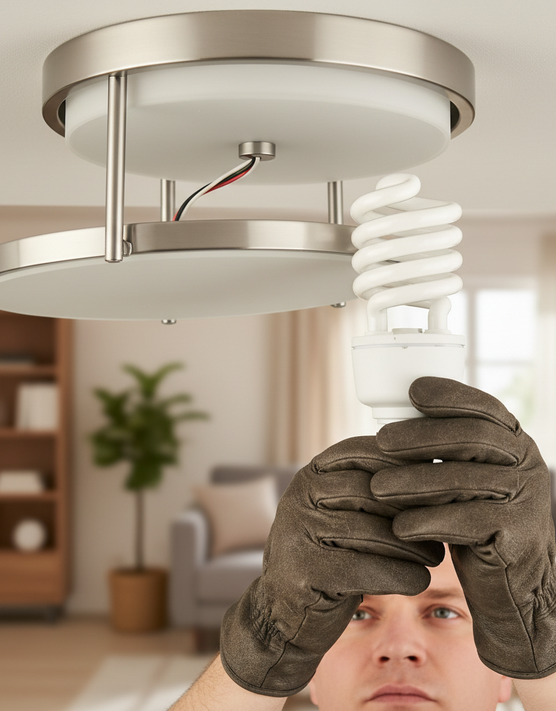 Homeowner troubleshooting flickering light, tightening a light bulb in a ceiling fixture.