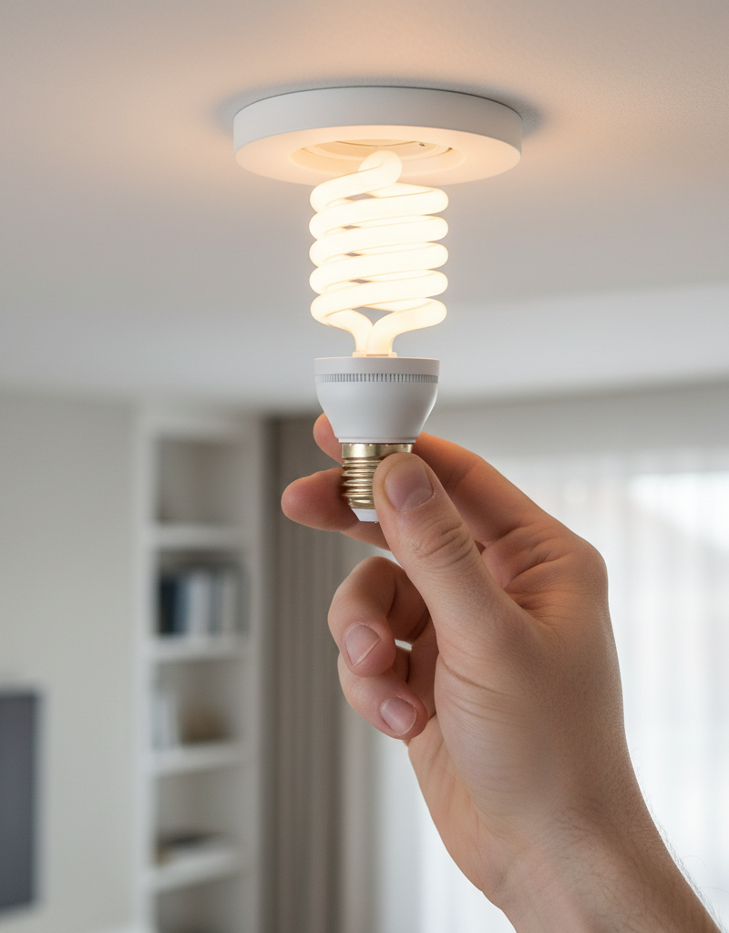 Homeowner tightening a problematic light bulb to fix flickering lights in a room.
