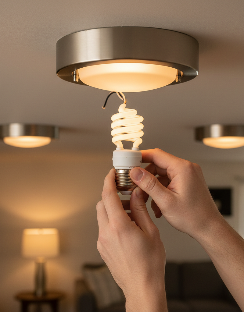 Homeowner troubleshooting flickering light by tightening a bulb in a ceiling fixture.