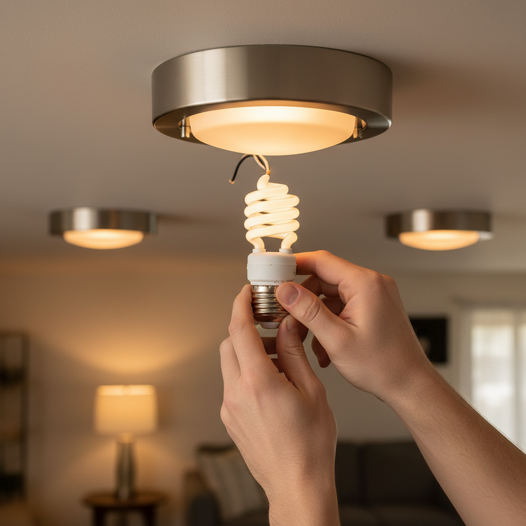 Homeowner troubleshooting flickering light by tightening a bulb in a ceiling fixture.