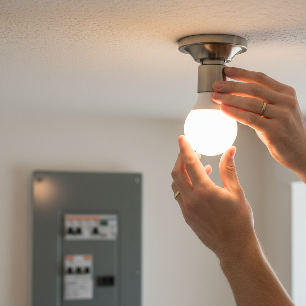 Homeowner tightening a light bulb in a ceiling fixture to fix flickering lights