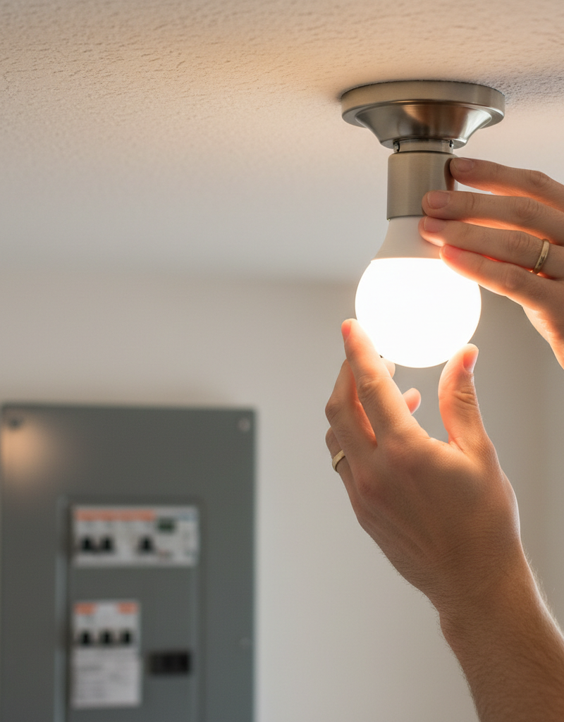 Homeowner tightening a light bulb in a ceiling fixture to fix flickering lights