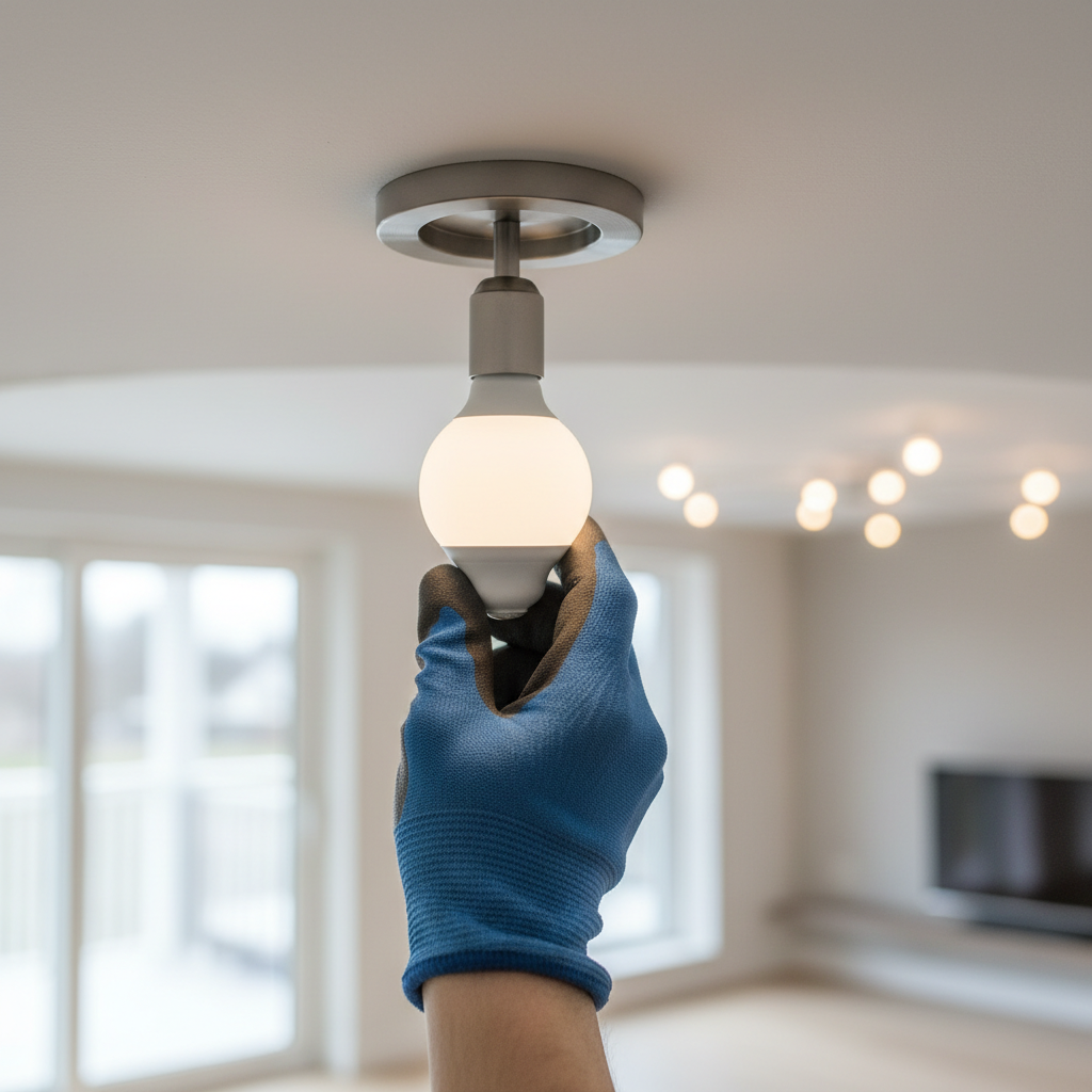 Homeowner tightening a light bulb in a ceiling fixture to fix flickering lights