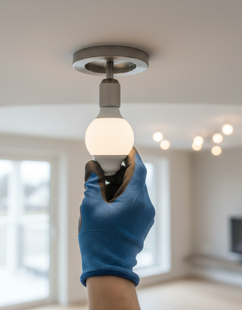 Homeowner tightening a light bulb in a ceiling fixture to fix flickering lights