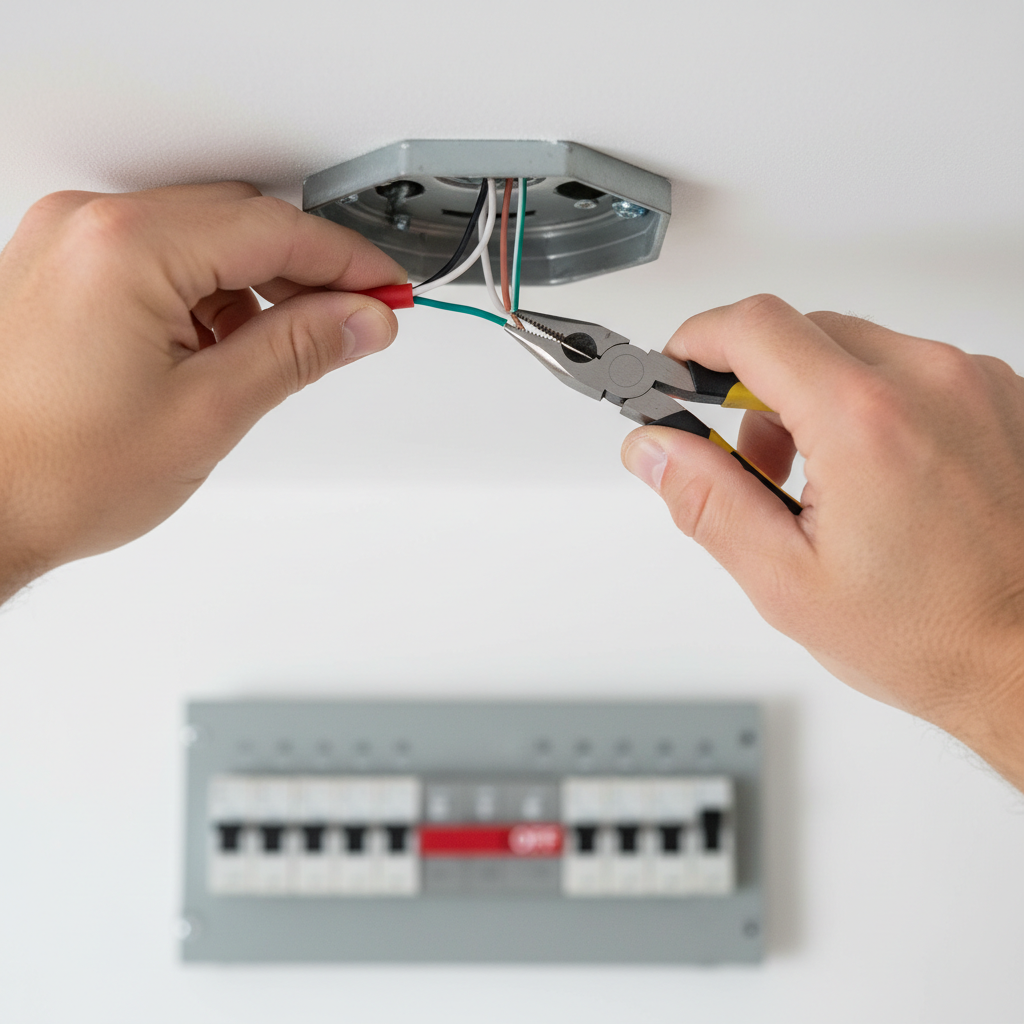 Homeowner safely tightening a wire nut inside a ceiling light fixture electrical box to fix flickering lights